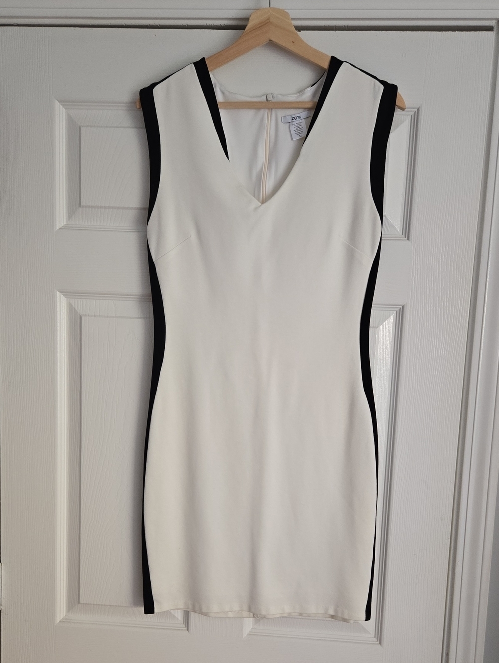 Bar III M Off White/Light Cream Sheath Dress with Black Side Panels